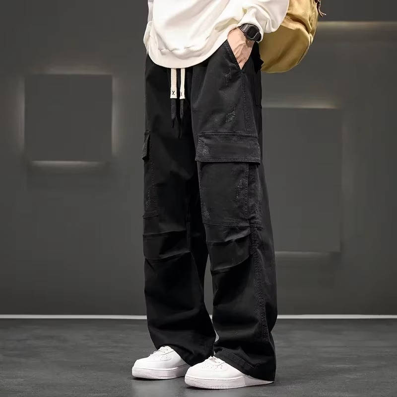 Men's loose fit cargo pants relaxed straight leg cut drawstring waist multi-pocket utility trousers