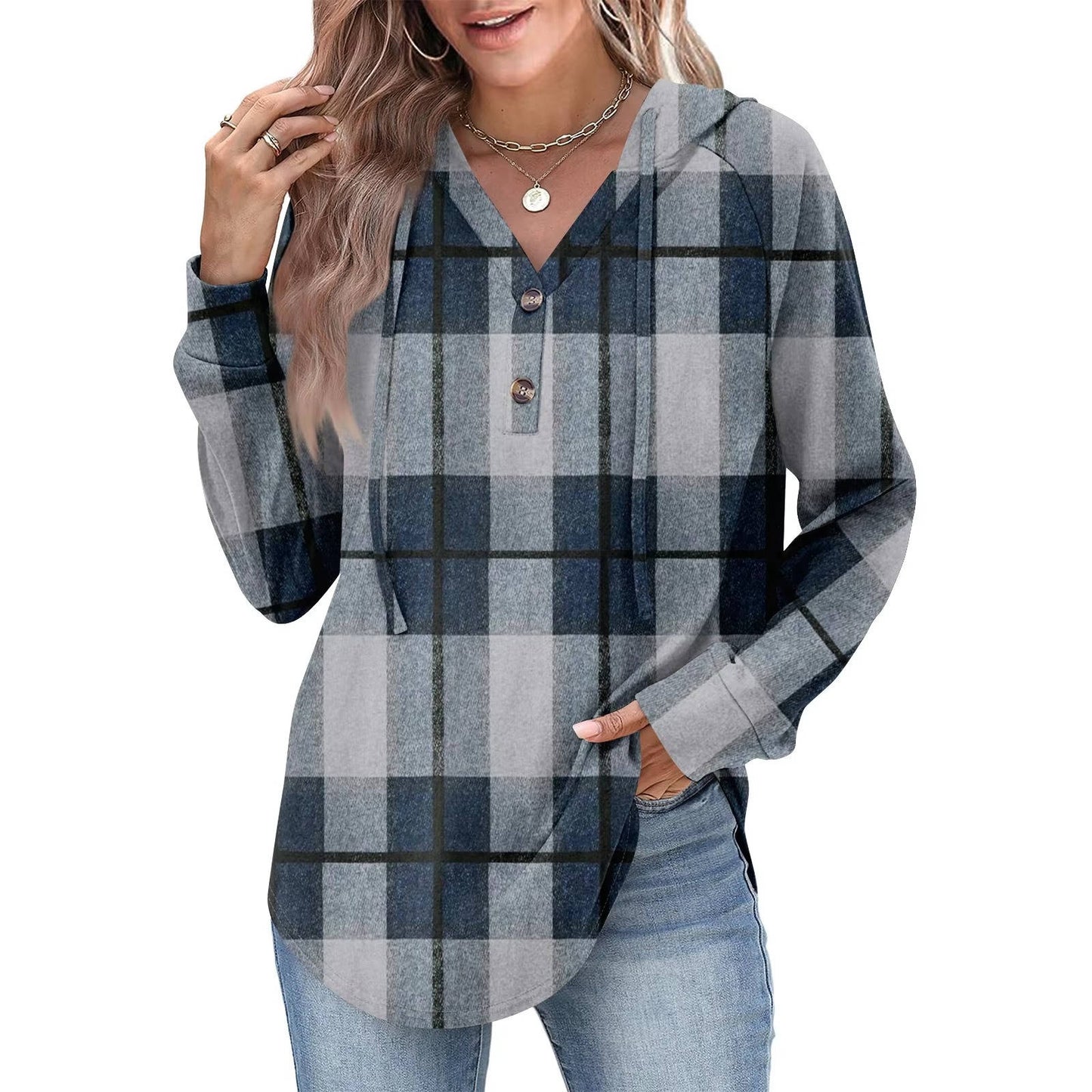 Women's relaxed v-neck button hoodie sweatshirt in casual everyday comfort style with partial button detail