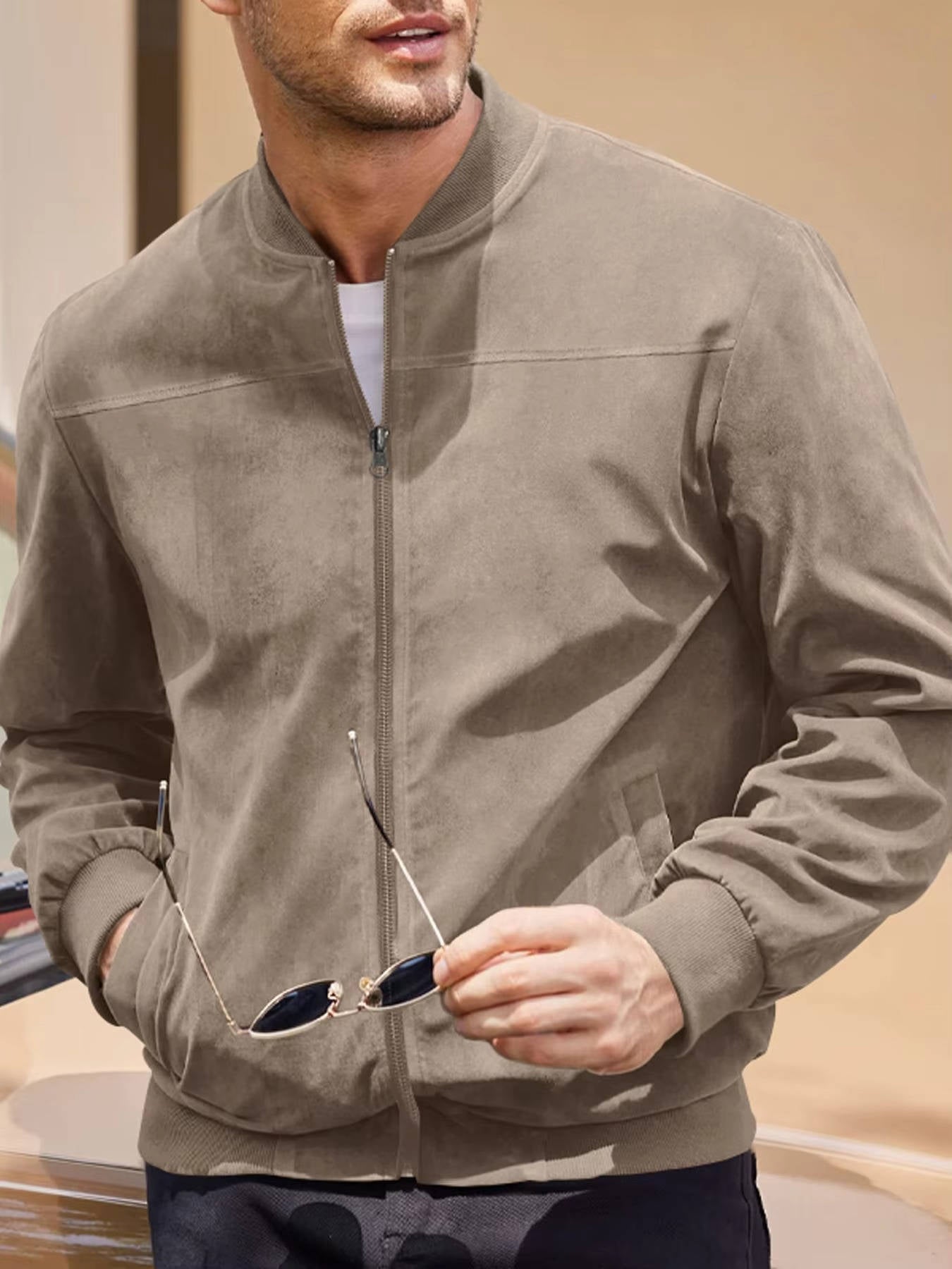 Men's light brown suede bomber jacket windproof lightweight slim fit with ribbed collar and cuffs