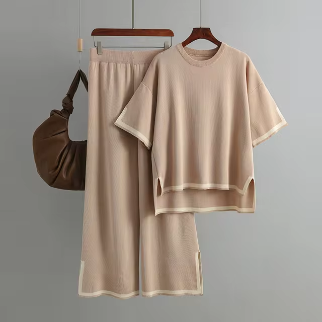 Women's ice silk coord set short sleeve breathable fabric subtle shine tailored top matching bottoms elegant fit