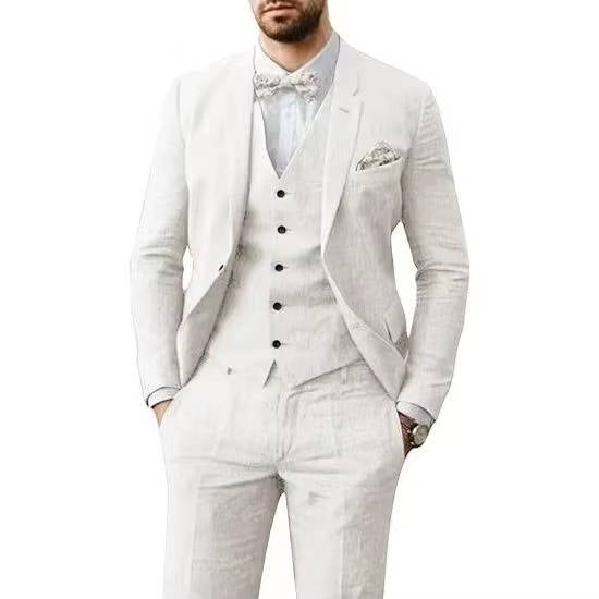 Men light blue linen three-piece suit with vest, breathable slim-fit set for summer weddings
