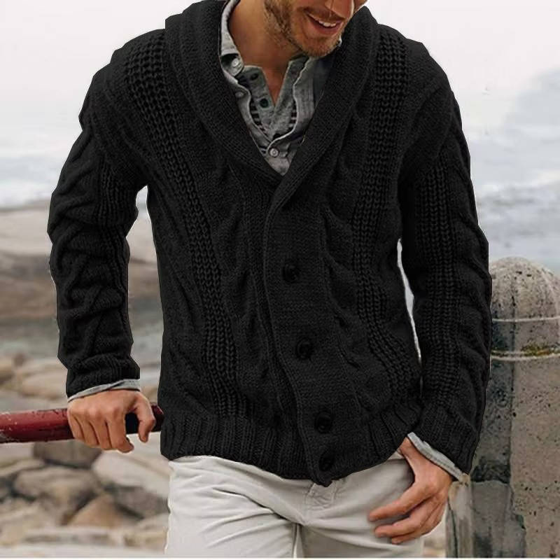 Men's cable knit button-front cardigan sweater in neutral tones, moisture-wicking acrylic blend for office