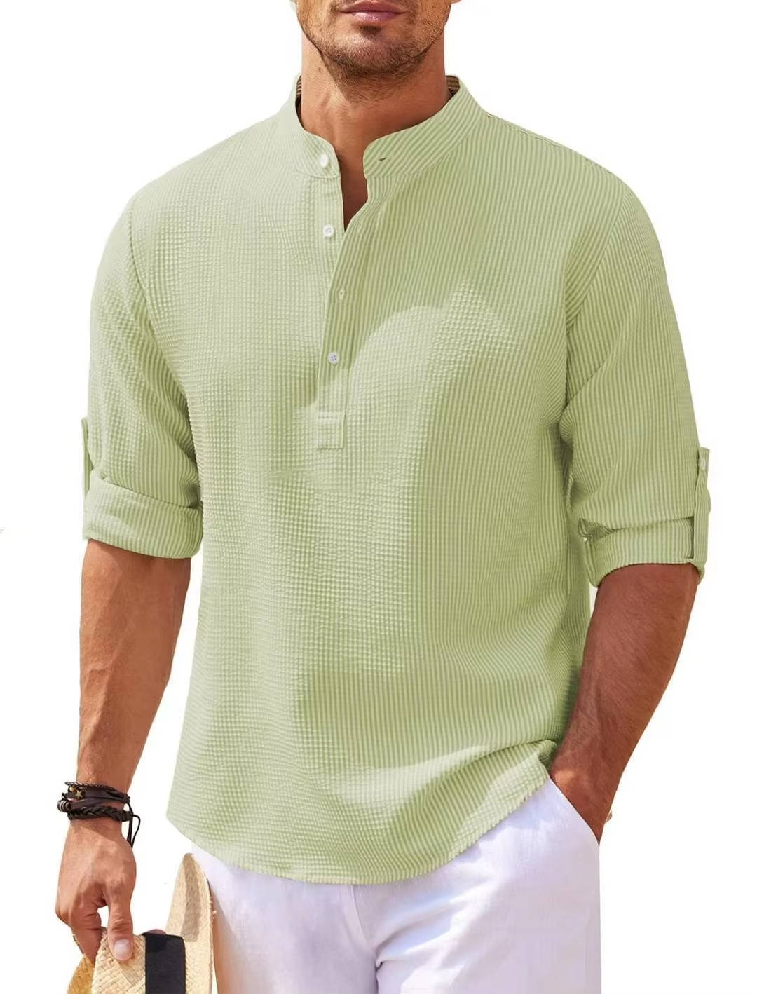 Beige waffle knit Henley shirt relaxed fit tri-blend fabric breathable texture casual men's top
