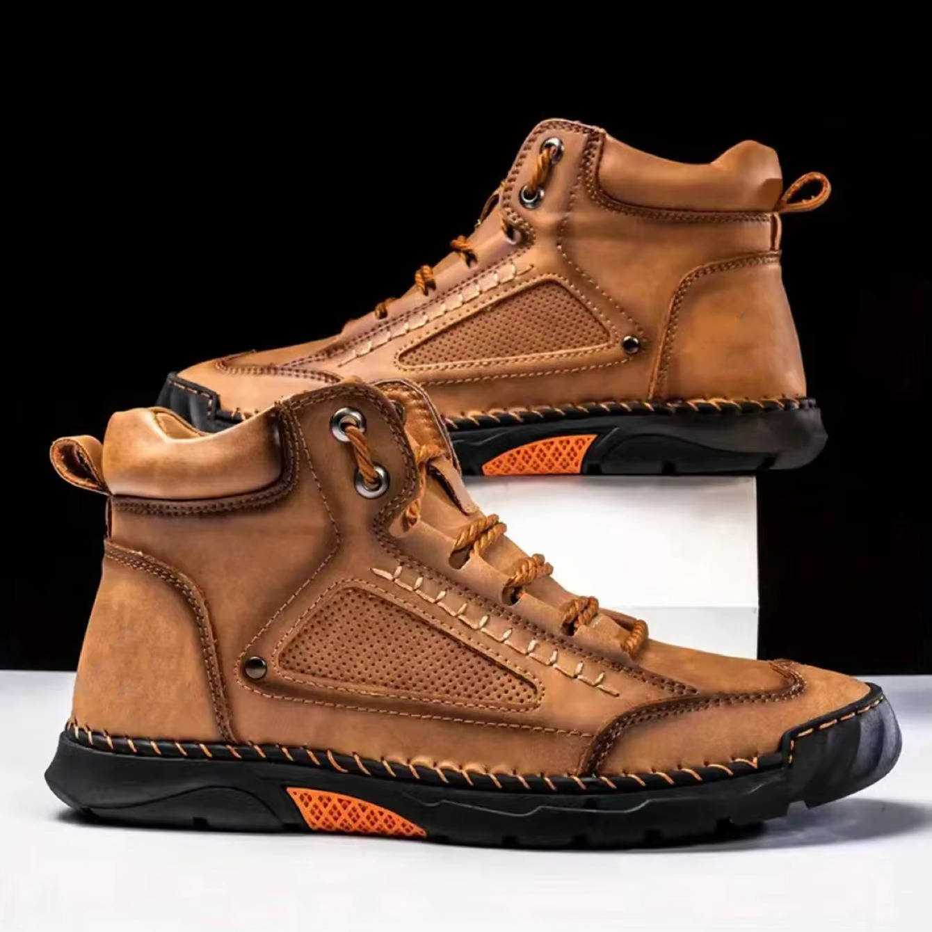 Men's brown waterproof leather hiking boots with arch support and seam-sealed all-day comfort