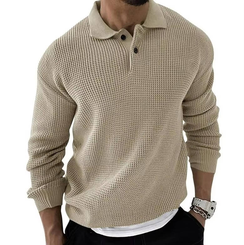 Men's waffle knit long sleeve sweater in soft neutral tones, relaxed everyday fit with raised texture