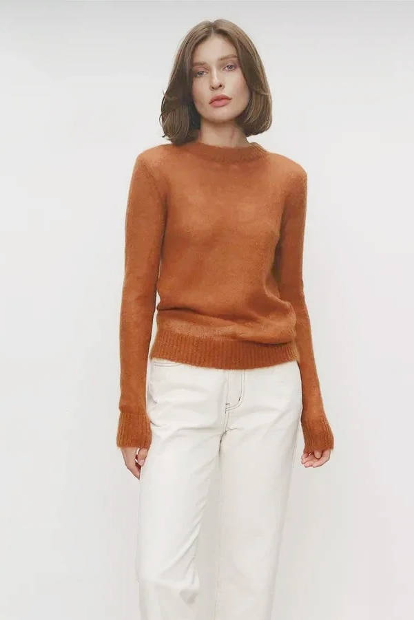 Women's lightweight semi-sheer mohair knit sweater O-neck pullover in neutral tone for layering