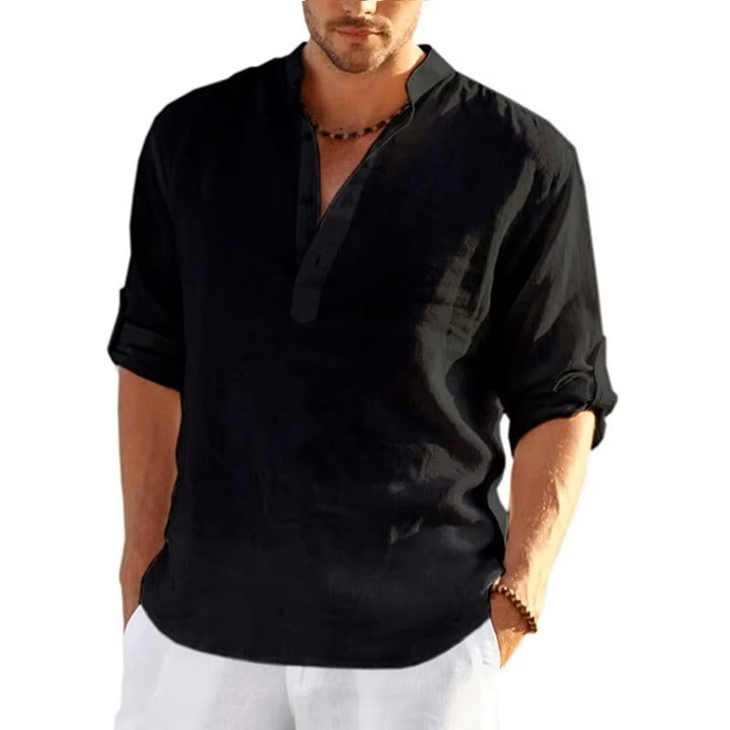 Men's linen Henley shirt rolled sleeves breathable lightweight casual summer style neutral tone