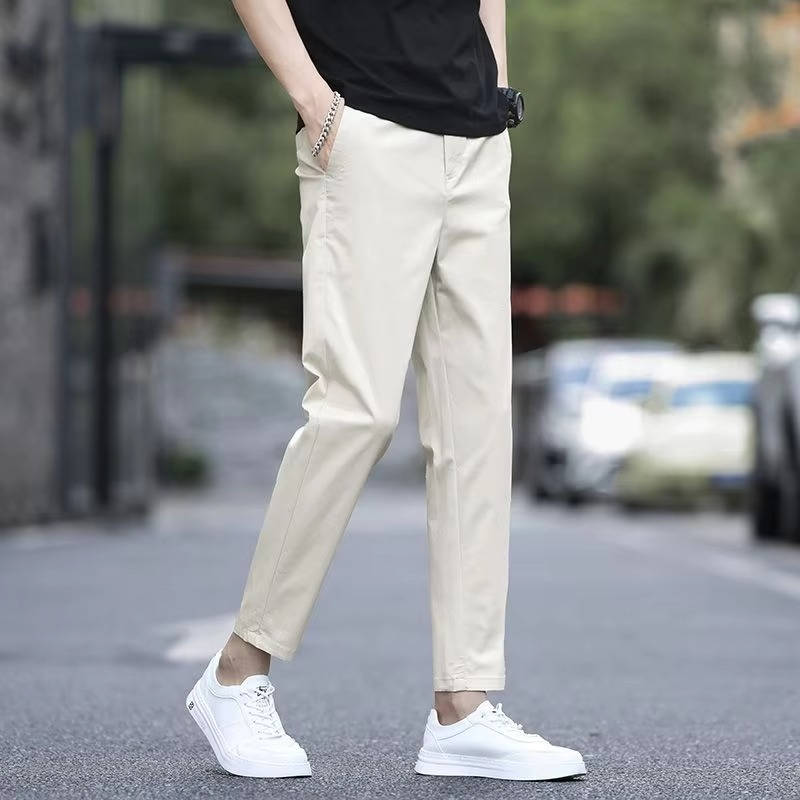 Men's ankle straight fit chino pants in classic neutral tone with elastic waistband smart casual style