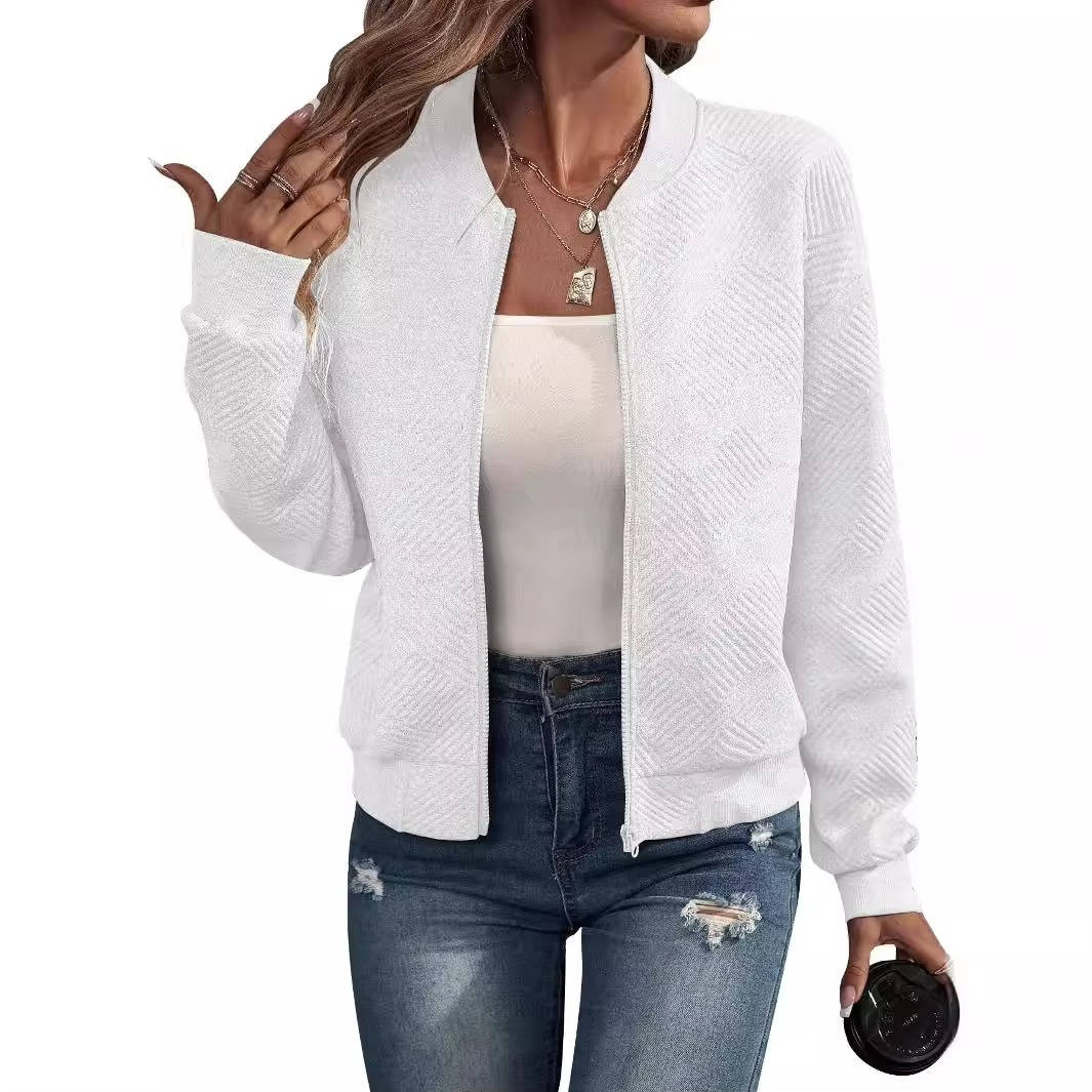 Women's lightweight collarless zip-up bomber jacket in versatile style with wind-resistant polyester fabric