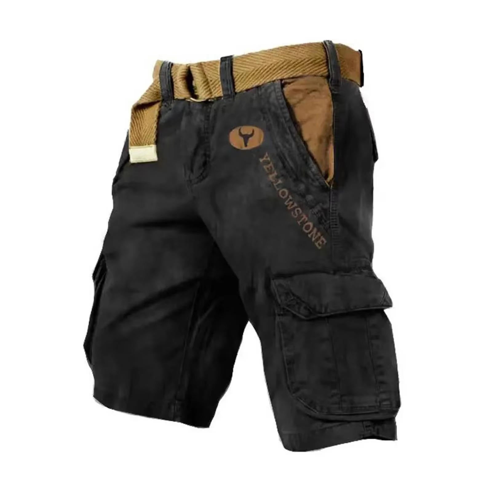 Men's khaki multifunctional cargo shorts with six-pocket storage, relaxed fit for outdoor travel