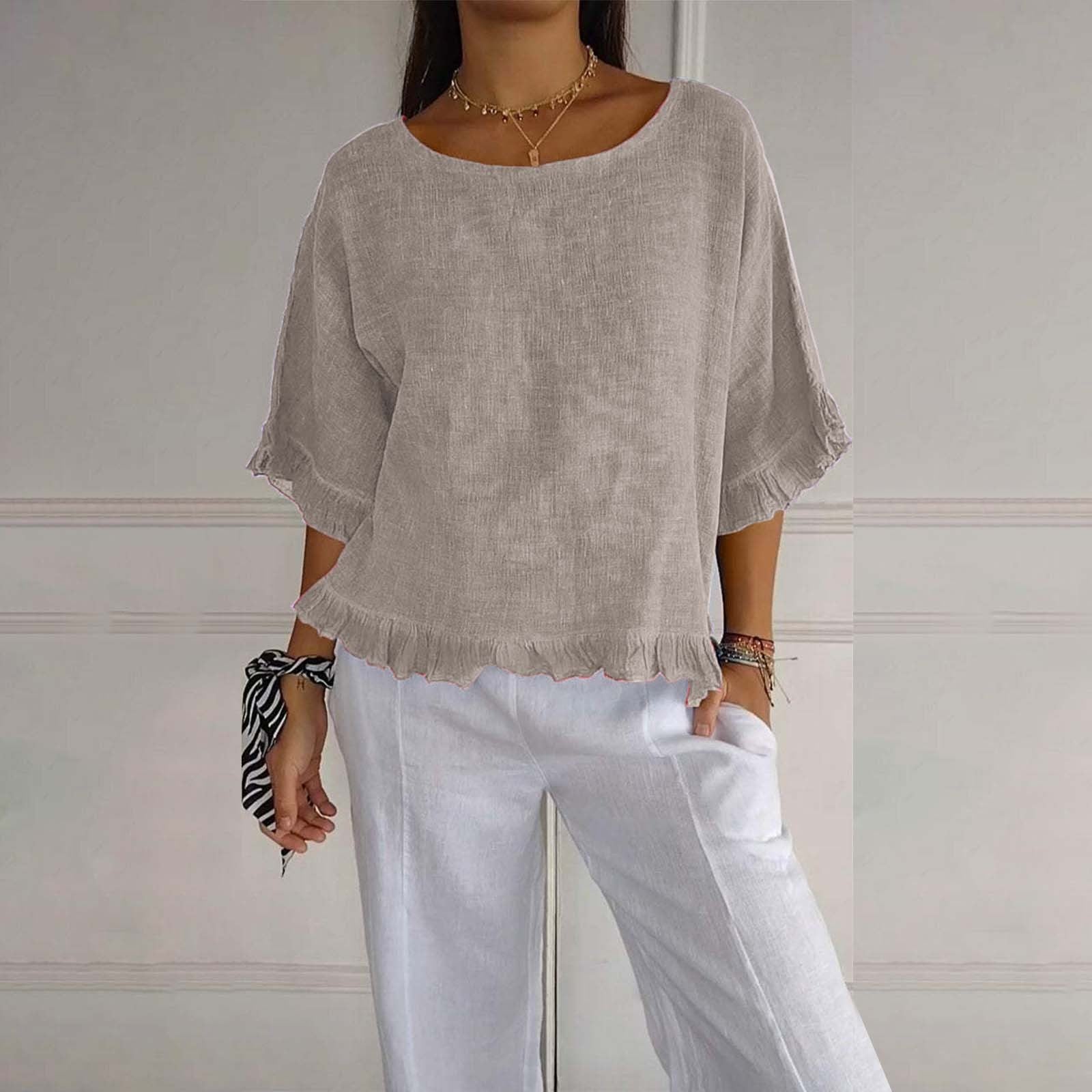 Women's loose fit blouse with delicate ruffle cuffs and hem, airy silhouette for effortless layering