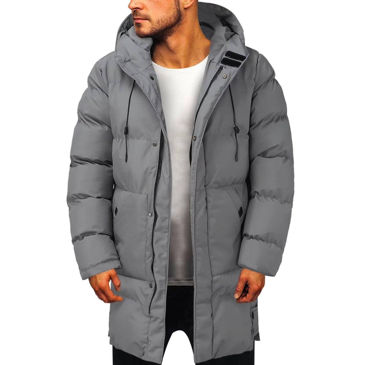 Men's black hooded puffer jacket slim long cut advanced thermal insulation windproof shell