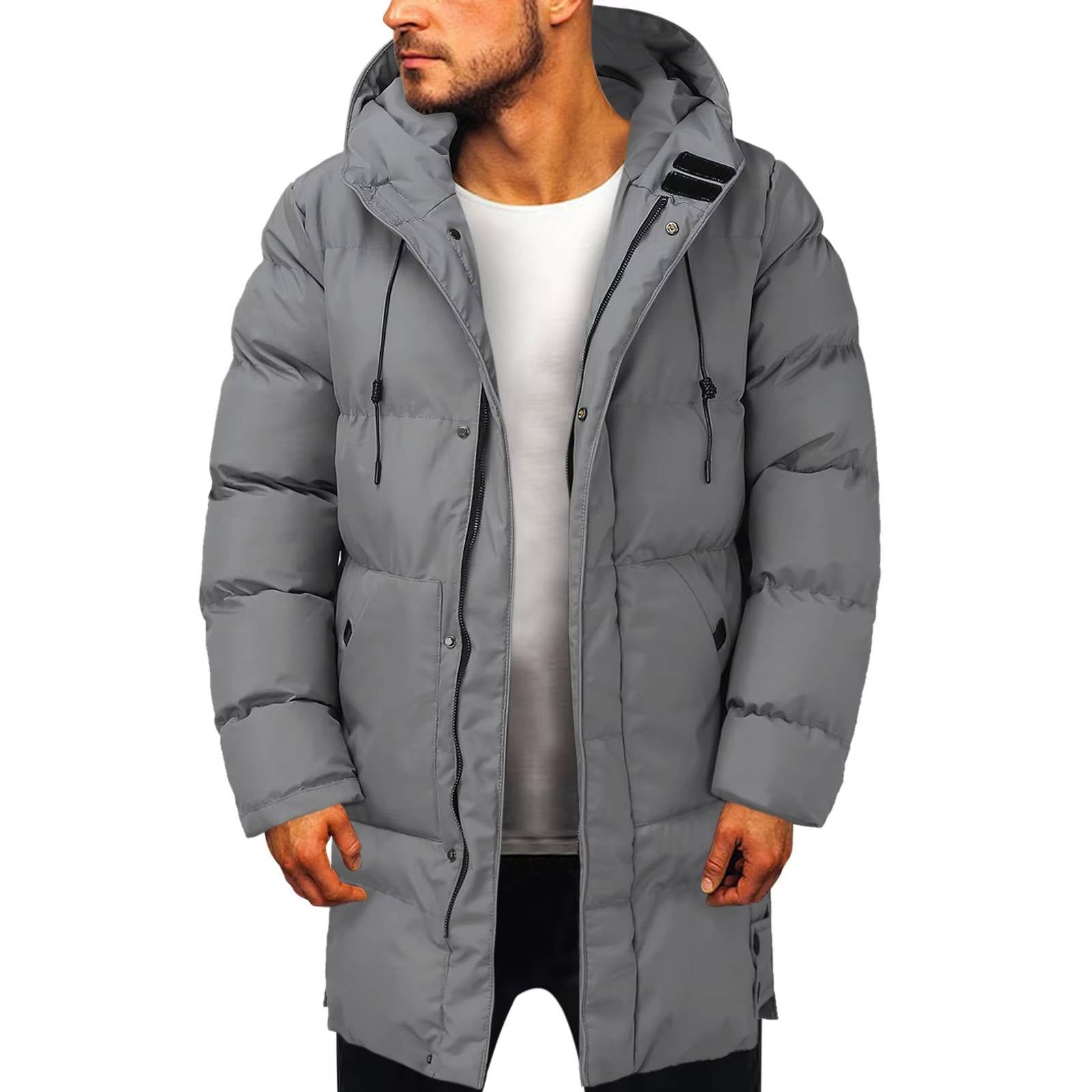 Men's black hooded puffer jacket slim long cut advanced thermal insulation windproof shell