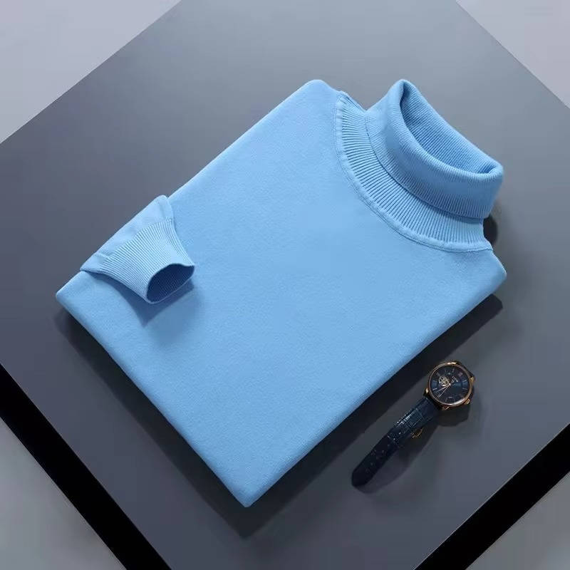 Men's slim fit cashmere turtleneck sweater with fold-over collar, luxurious knit smart casual style