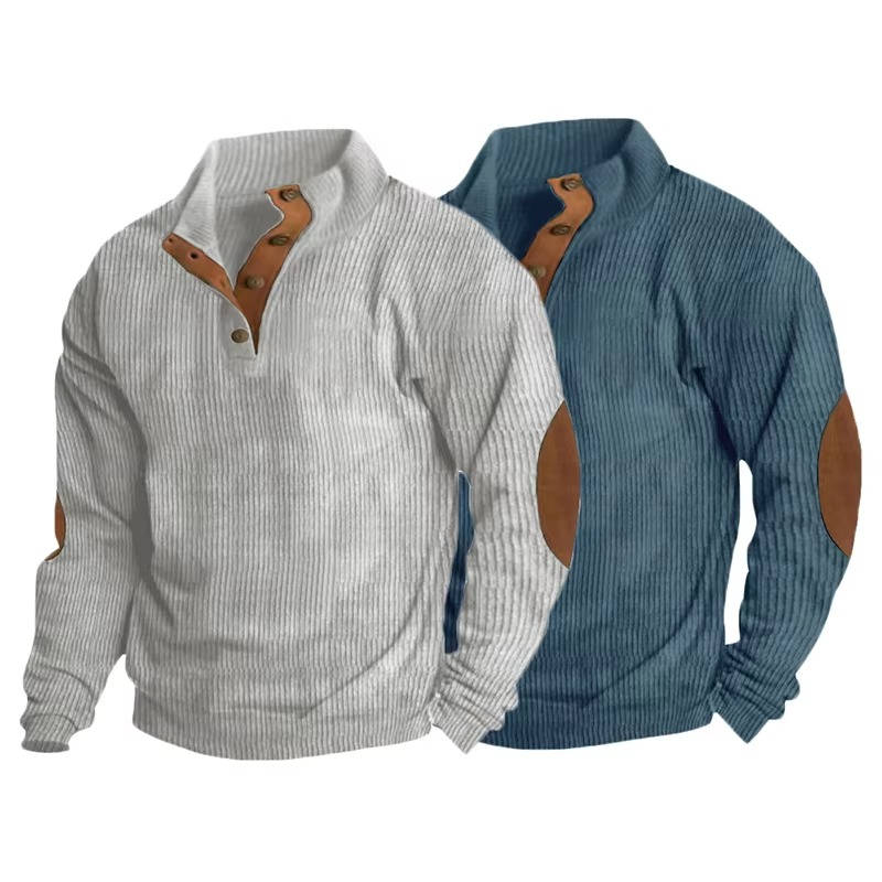 Men's gray classic knit pullover sweater with button neck collar and suede elbow patches