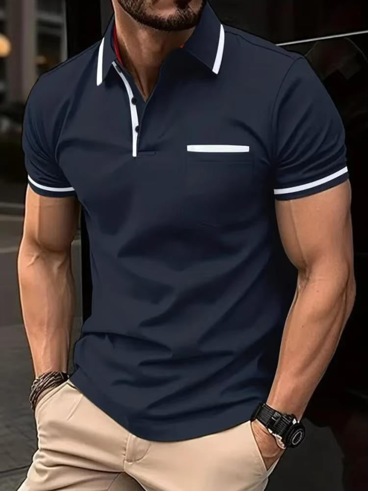 Men's short sleeve polo shirt chest pocket classic fit breathable cotton blend modern everyday wear