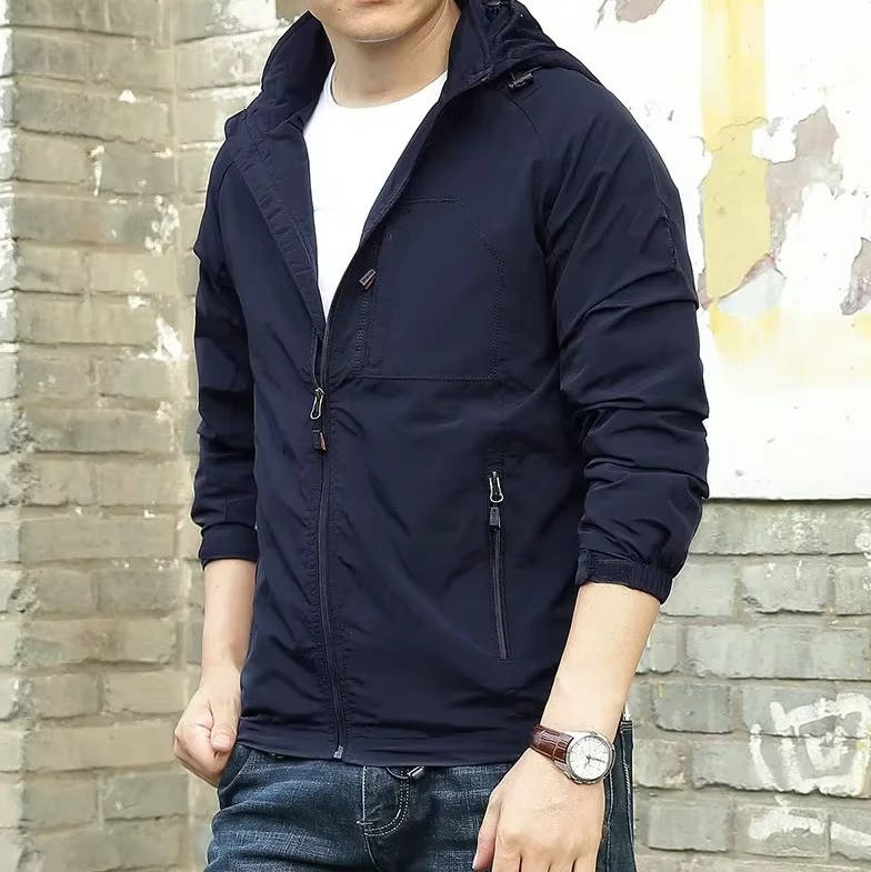 Men's lightweight olive utility jacket windproof water-resistant shell with zip pockets
