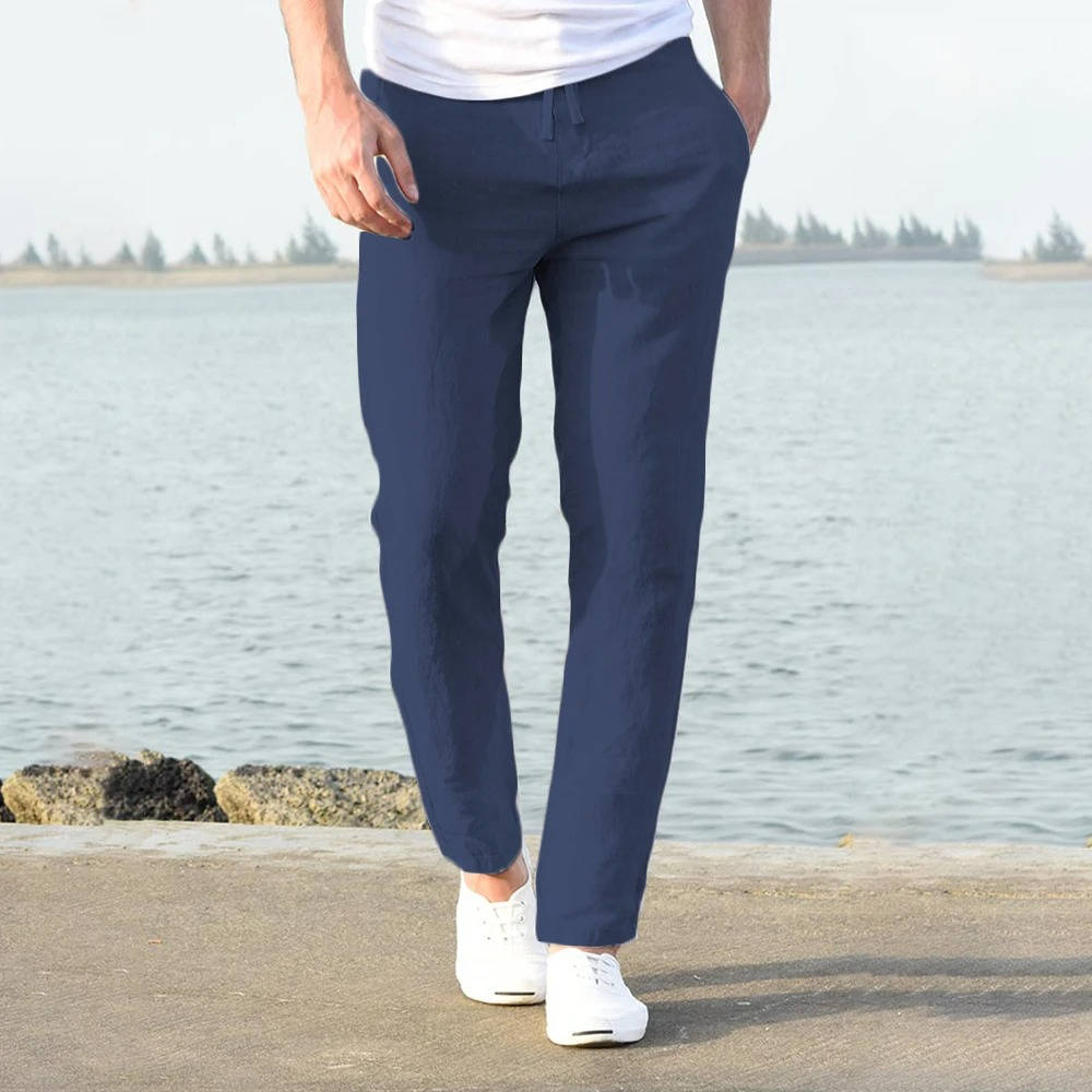 Men's beige linen pants slim-cut breathable cotton-linen blend with elastic comfort waistband