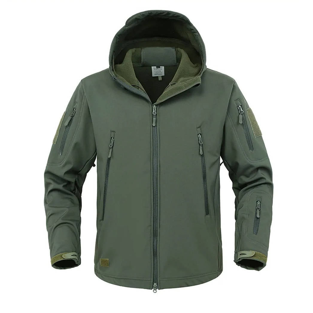 Men's dark tactical softshell jacket with hood, windproof water-resistant exterior, multiple zipper pockets