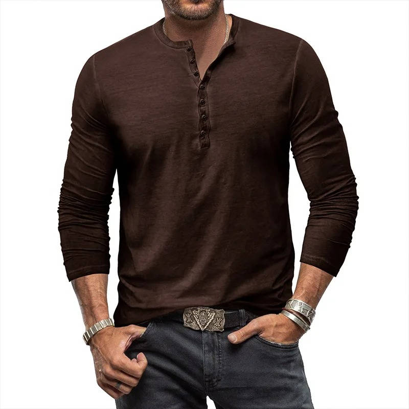 Men's white cotton long sleeve Henley shirt with stretch fabric and classic button placket neckline