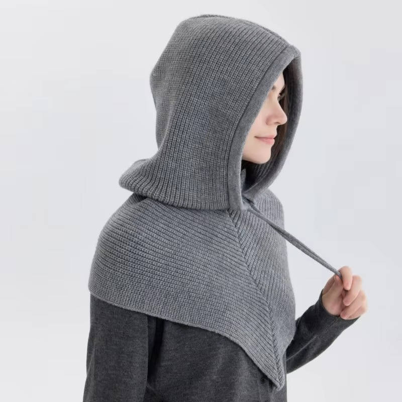 Beige knit hooded hat scarf with drawstring tie, 2-in-1 cozy neck coverage for winter outdoor wear