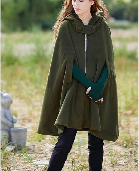 Women's hooded wool blend cape loose fit open-front mid-length draped silhouette for layering