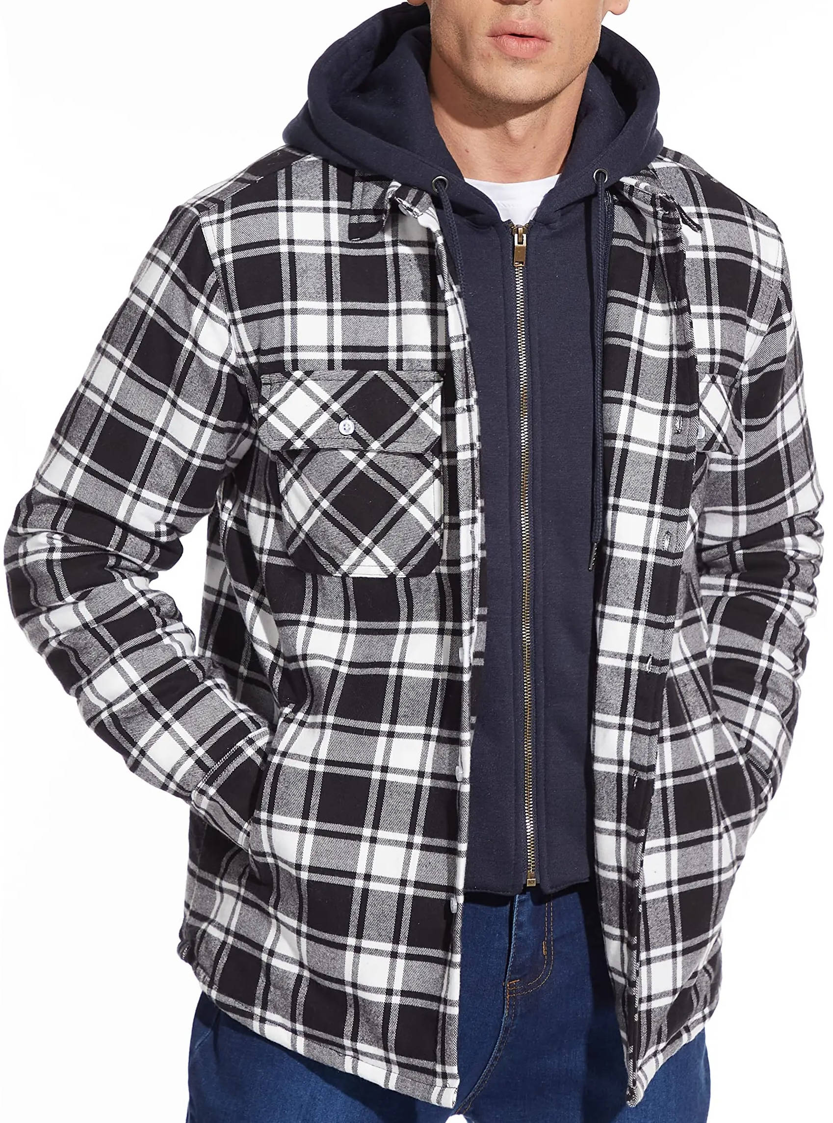 Men's hooded plaid bomber jacket with zip front, warm lining, and classic checkered pattern