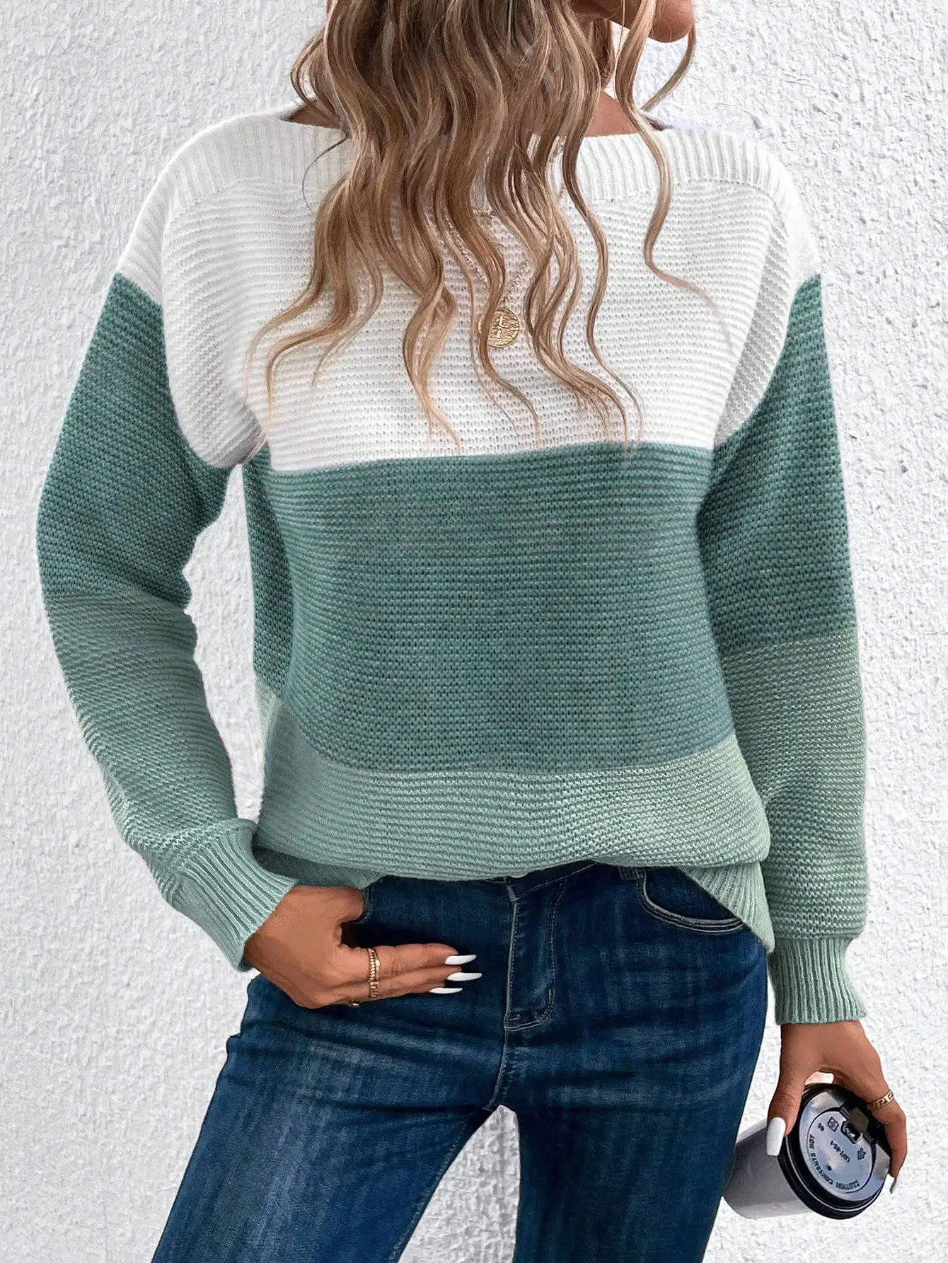 Women's loose color block knit sweater slash off-shoulder neck cozy casual three-tone panels