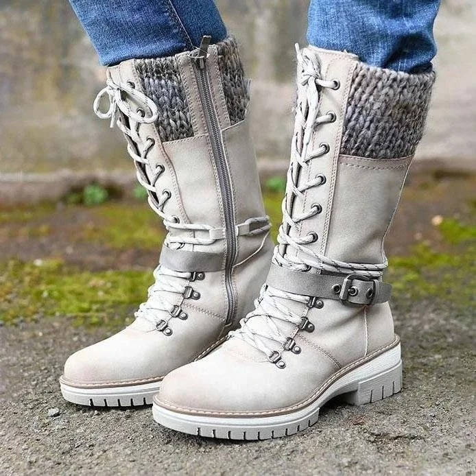 Urbann-Vibe women's mid-calf waterproof snow boots, vintage-inspired PU leather with knitted top cuff