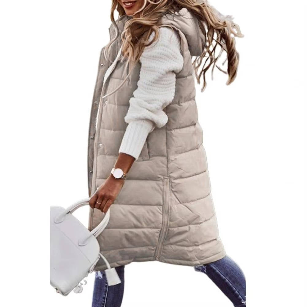 Women's black knee-length hooded puffer vest lightweight sleeveless quilted outdoor active style