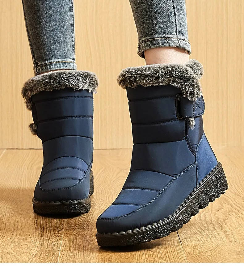Women's waterproof insulated snow boots with fluffy fur lining, seam-sealed, warm outdoor winter style