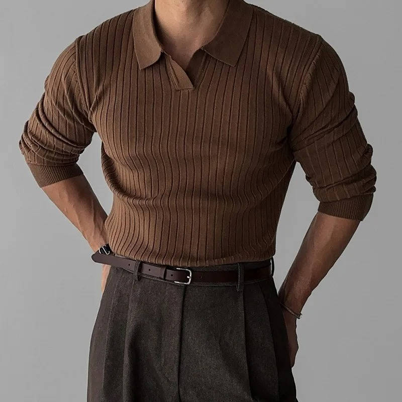 Men's long sleeve knit polo sweater casual style anti-shrink polyester fabric everyday comfort