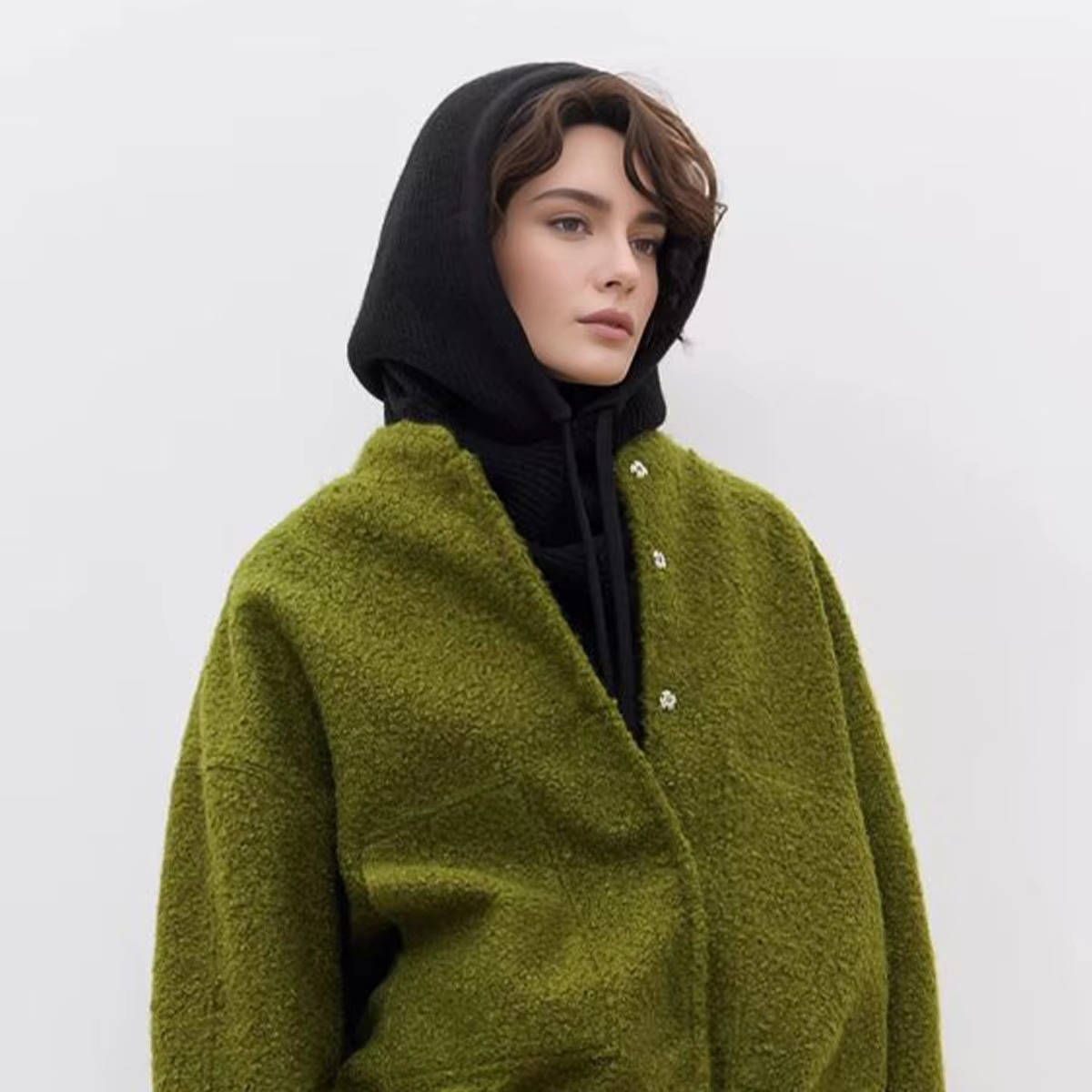 Beige knit hooded hat scarf 2-in-1 winter wrap with drawstring tie for neck and ear coverage