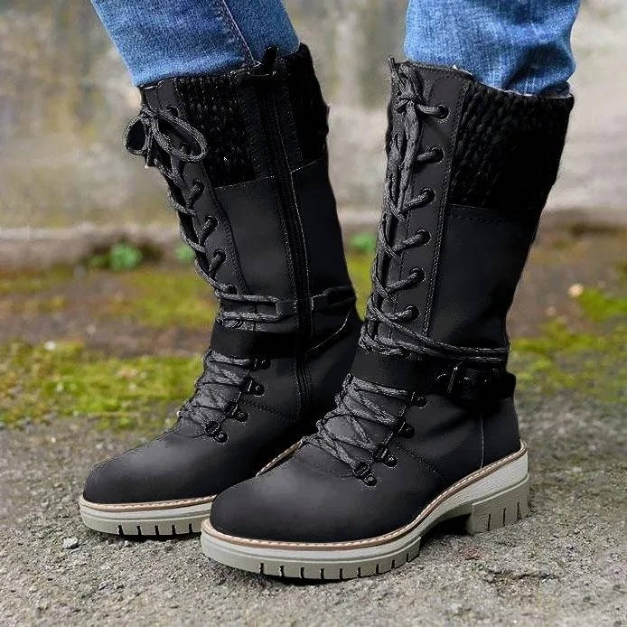 Urbann-Vibe women's waterproof mid-calf snow boots in vintage-inspired PU leather with knitted top cuff