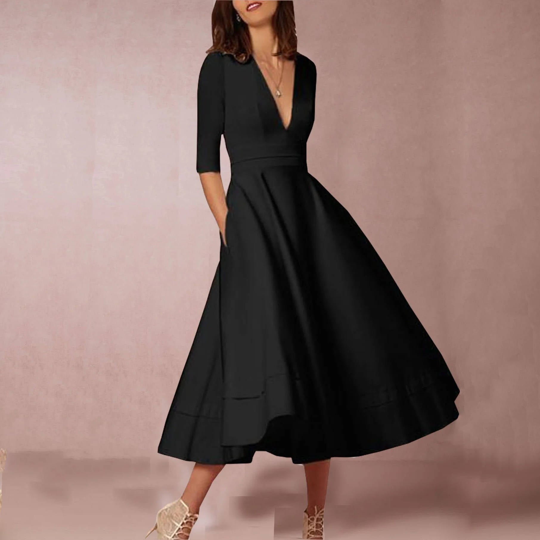 Women's elegant deep V-neck dress flattering fit versatile day-to-night style for special occasions