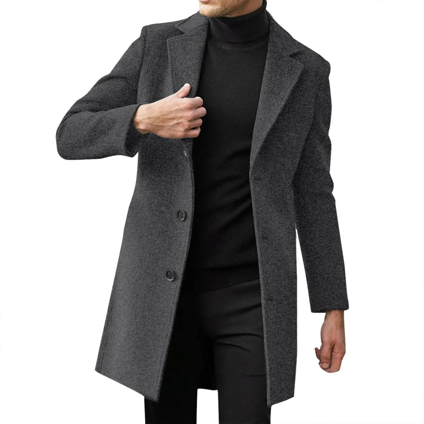 Men's slim fit longline wool overcoat in classic business style with notched lapel collar