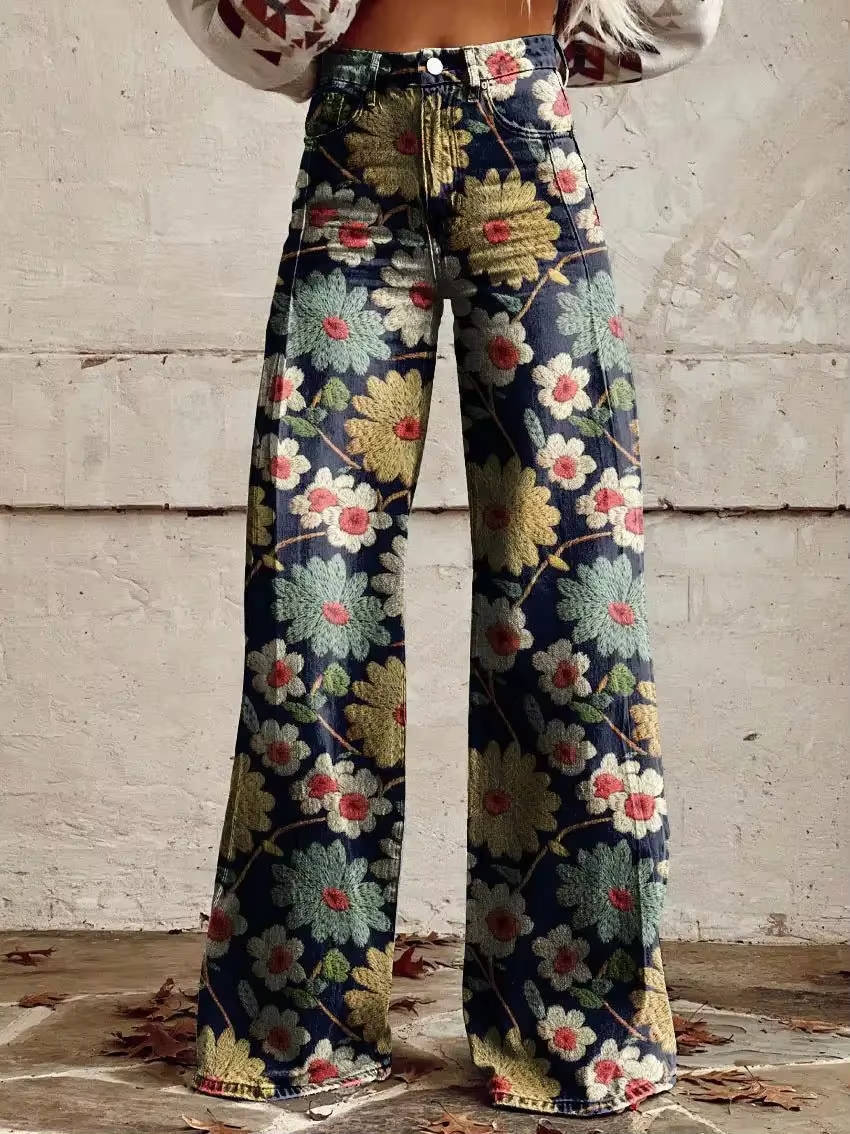 Women's high-waisted floral bell bottom pants vintage-inspired wide leg silhouette bold print