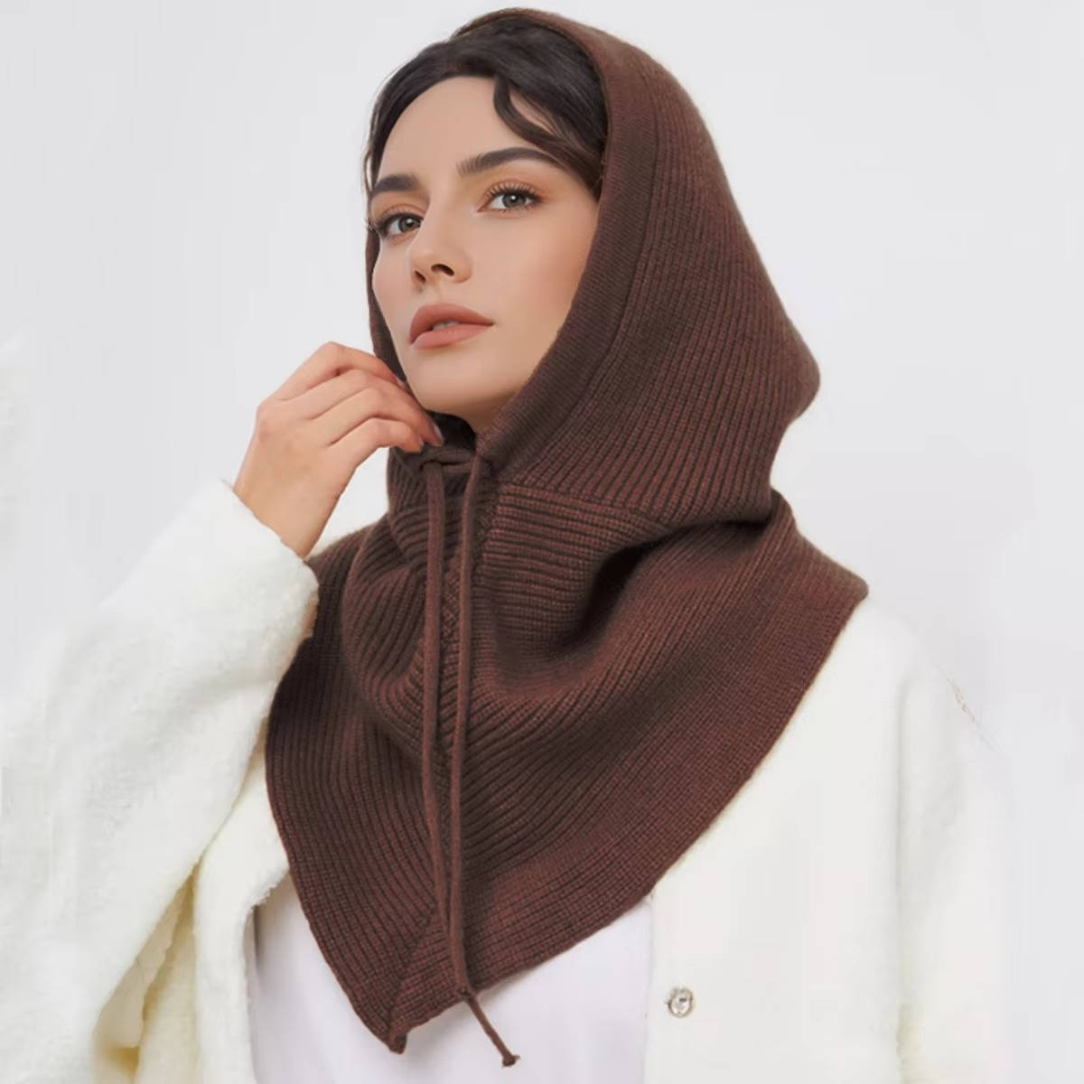 Beige knit hooded hat scarf with drawstring tie, 2-in-1 cozy neck coverage for winter outdoor wear