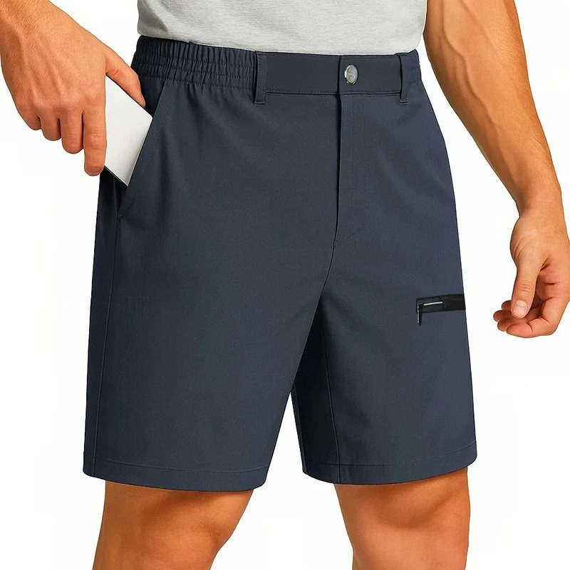 Men's light blue ice silk cargo shorts slim fit with zipper pocket, breathable summer style