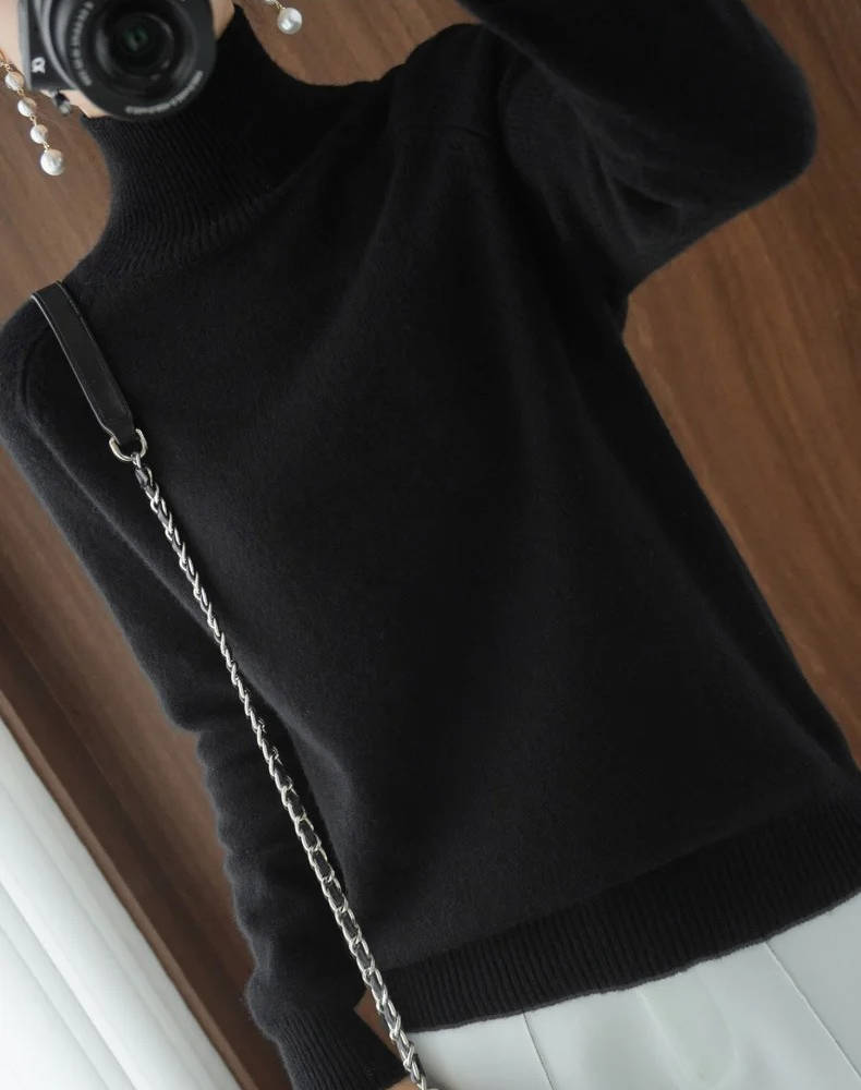 Women pure cashmere turtleneck sweater, soft lightweight knit, anti-pilling everyday essential
