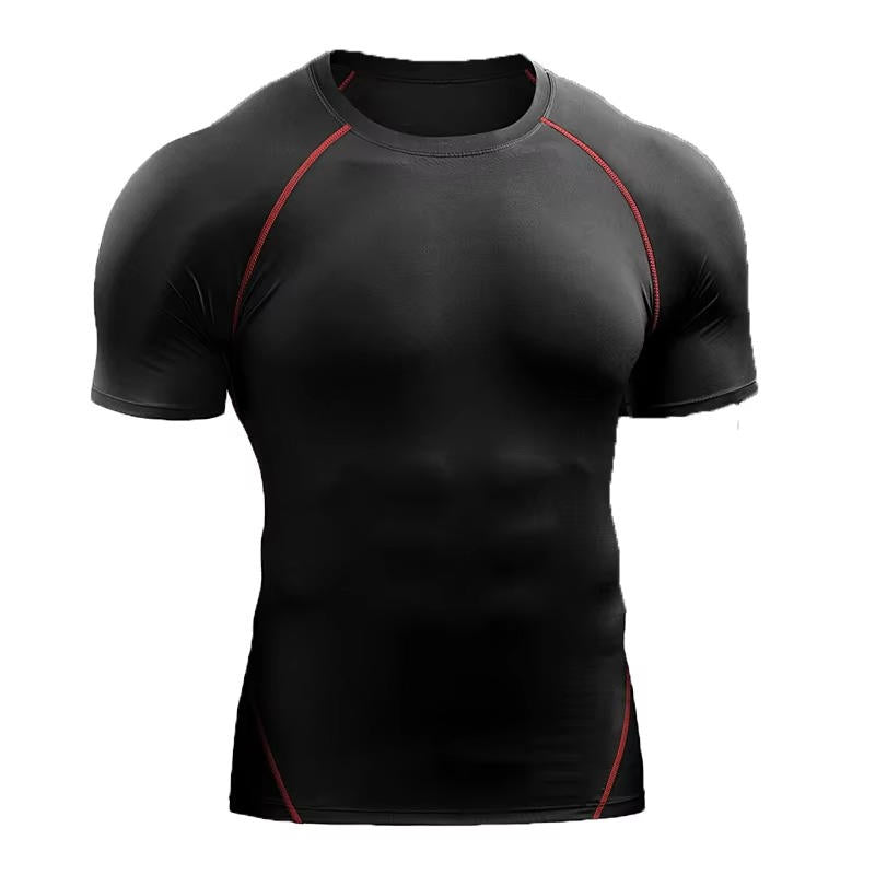 Men's black short sleeve compression shirt slim fit with moisture-wicking high-performance athletic training top