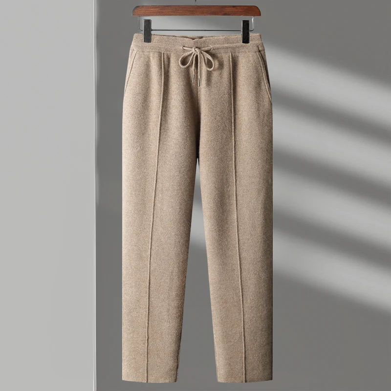 Men's relaxed fit knit trousers with elastic drawcord waistband and inseam pockets, smart-casual style