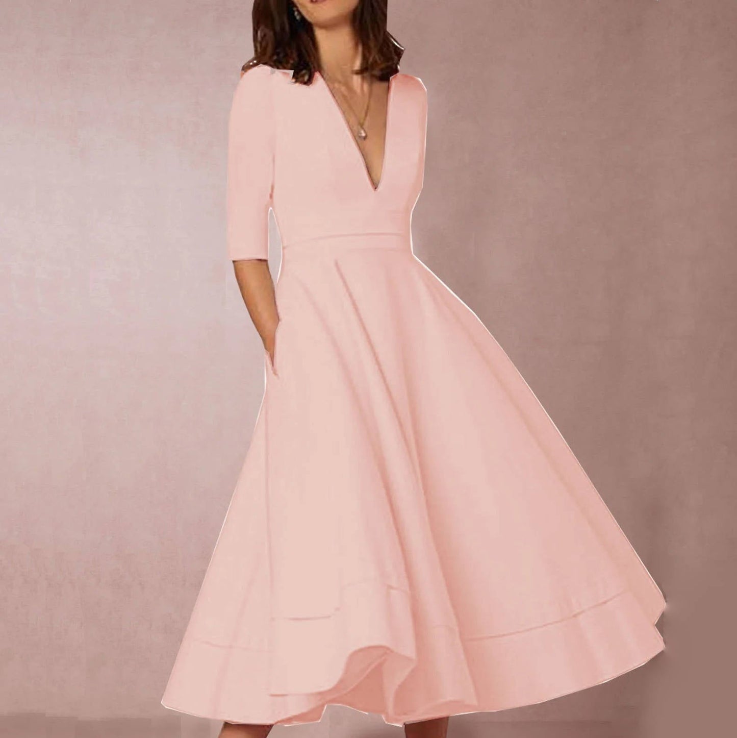 Women's elegant deep V-neck dress flattering fit versatile day-to-night style for special occasions