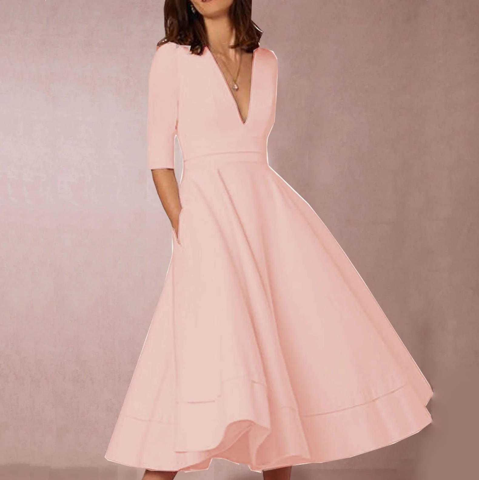 Women's elegant deep V-neck dress flattering fit versatile day-to-night style for special occasions