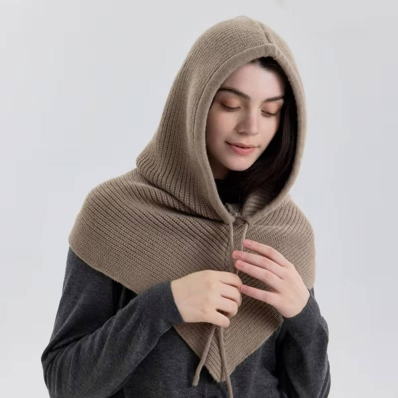 Beige knit 2-in-1 hooded hat scarf with drawstring tie for winter neck and ear coverage