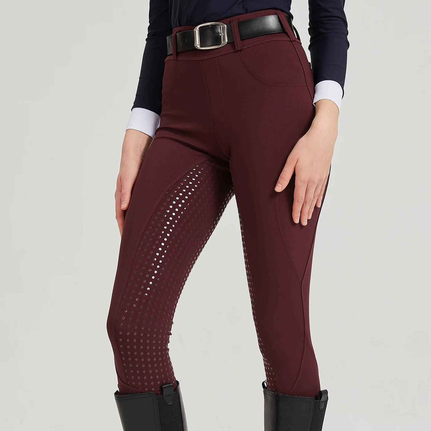 Women equestrian riding pants full silicone grip seat-to-ankle anti-slip stretch beige breeches