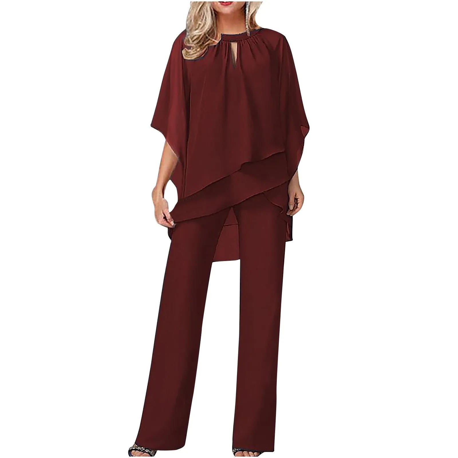 Women's elegant chiffon pantsuit lightweight sheer fabric professional festive all-day comfort wear