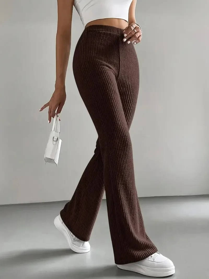 Women's ribbed knit pants in sleek modern silhouette with high elastic waistband ultra-soft stretch