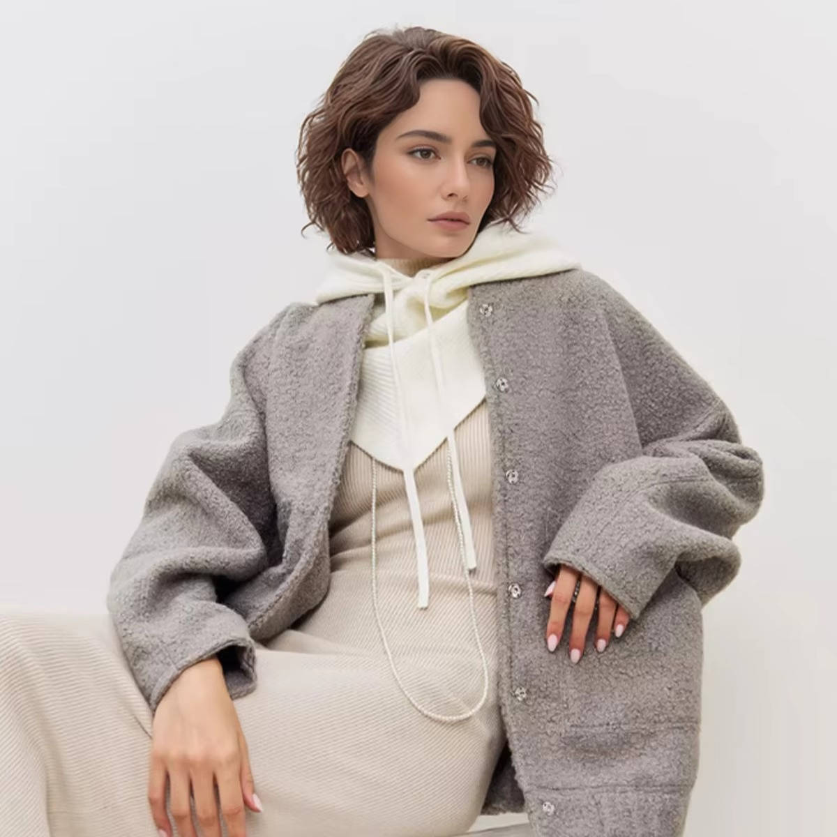 Beige knit 2-in-1 hooded hat scarf with drawstring tie for winter neck and ear coverage