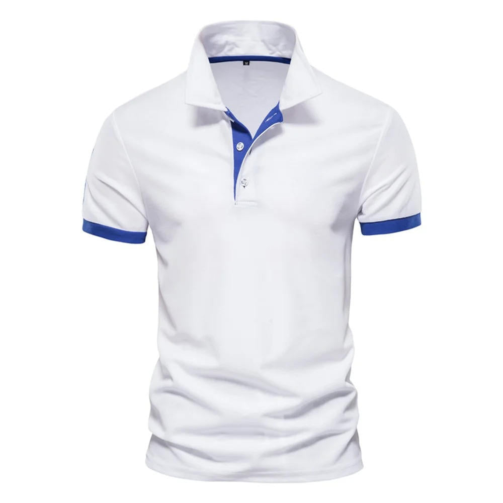 Men's navy slim fit polo shirt with contrast orange placket and cuffs, smart casual style